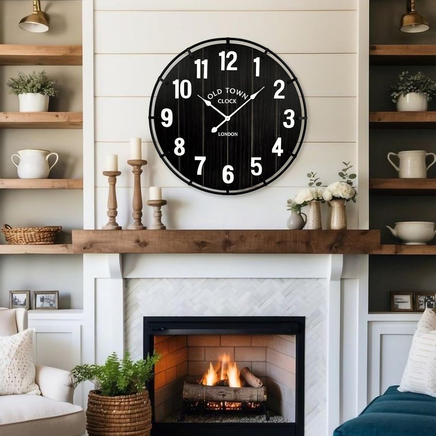 Farmhouse Black 30 Inch Wooden Large Wall Clock, Silent Non-Ticking Quartz Movement, Battery Operated Modern Rustic Clock for Living Room, Kitchen, Office, Home Decor