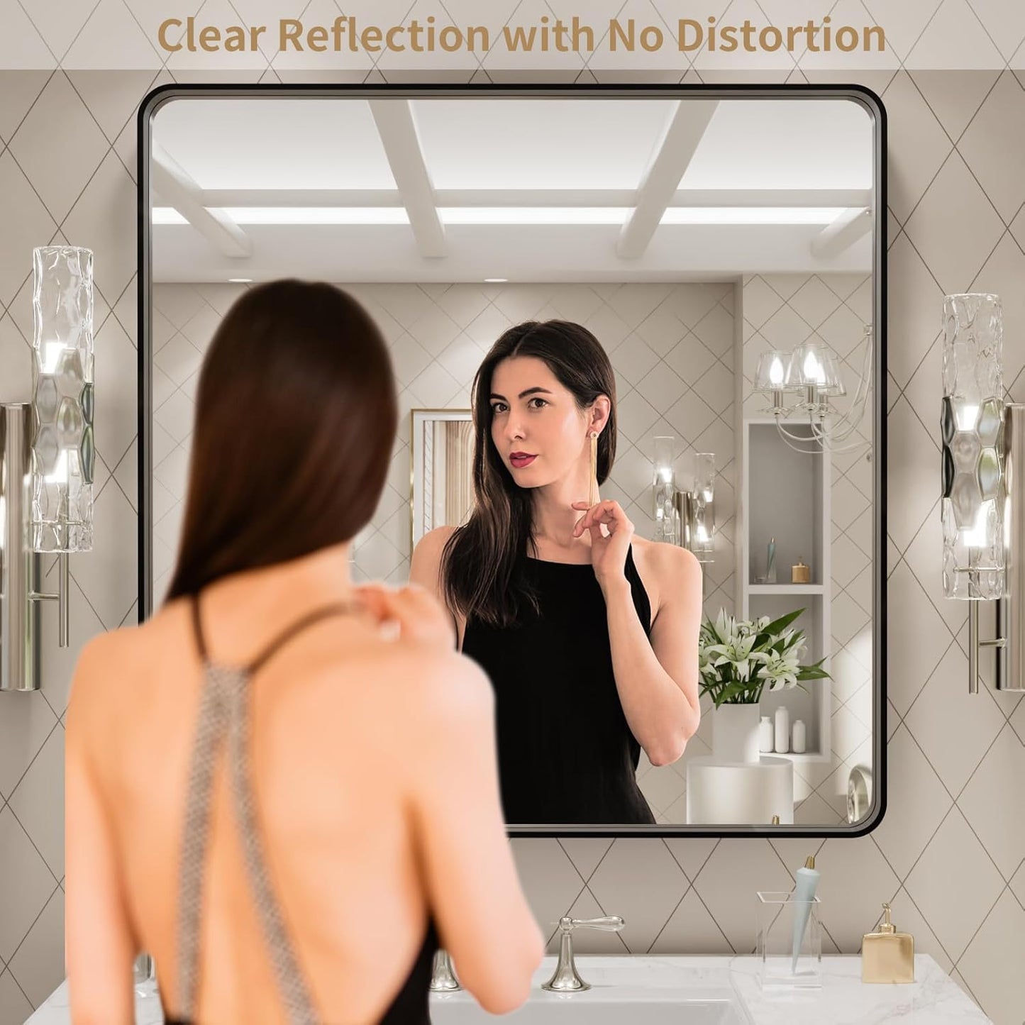 LOAAO 30x30 Inch Black Metal Framed Bathroom Mirror for Wall, Matte Black Bathroom Vanity Mirror Farmhouse, Large Rounded Rectangle Mirror, Anti-Rust, Hangs Horizontally or Vertically