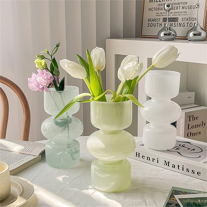 JSPYFITS Glass Hydroponic Flower Vase, 7 Inches Colored Glasses Bubble Vases for Flowers, Three-Layer Glass Funky Vase for Home/Office/Weddings/Party Table Flowers Decor (Milky Green)