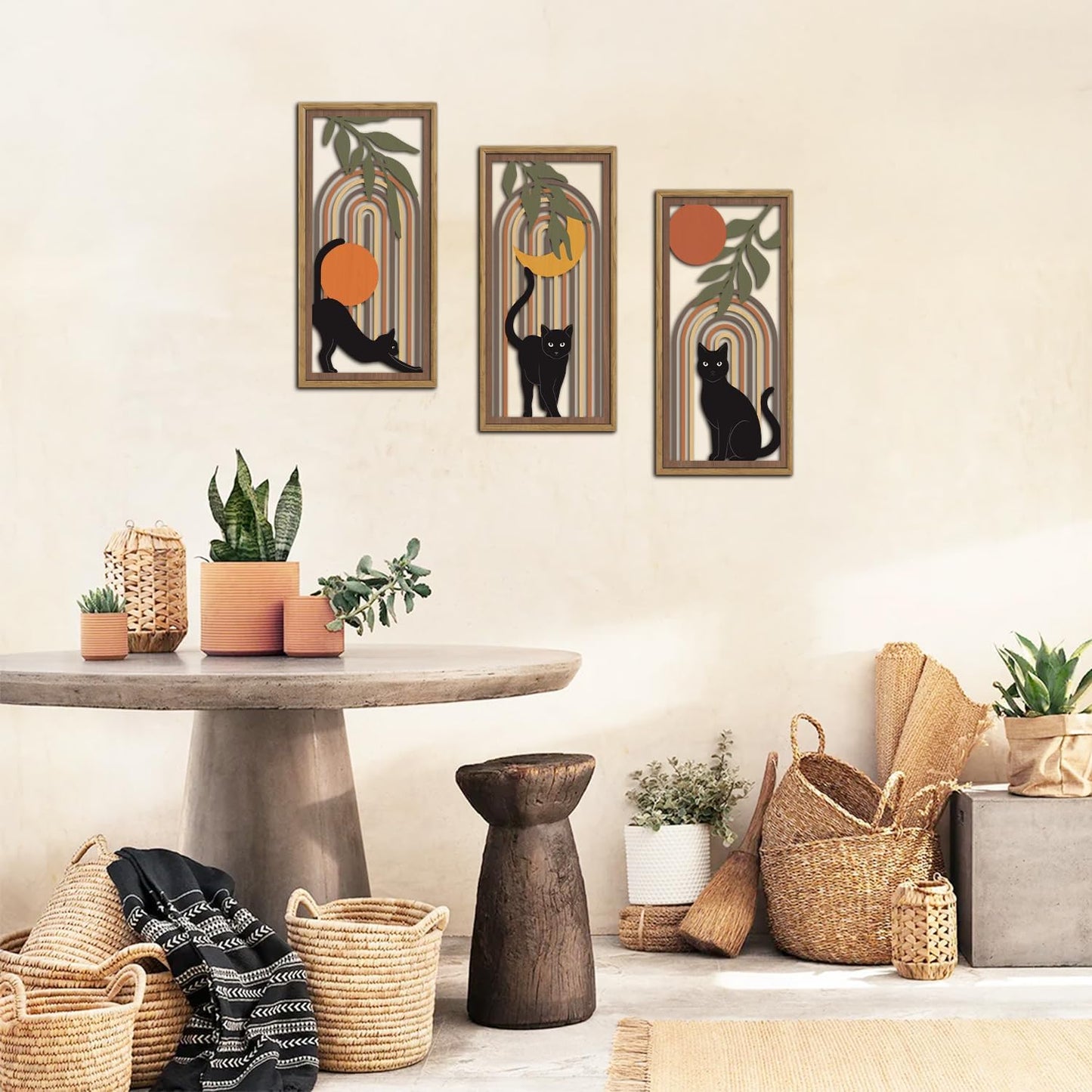KAIRNE Boho Black Cat Wall Decor,Mid Century Bohemian Wooden Wall Art Set of 3(16”X8”),Farmhouse Geometric Hanging Wood Wall Decor,Abstract Moon Sun Leaves for Living Room Bedroom Nursery Decoration