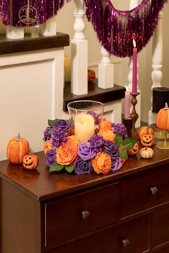 TINGE TIME Rose Artificial Flowers Combo, Gradient Color Faux Foam Roses with Stems for DIY Wedding Bridal Shower Party Table Centerpieces Fake Floral Arrangement Home Decor(Burnt Orange and Purple)