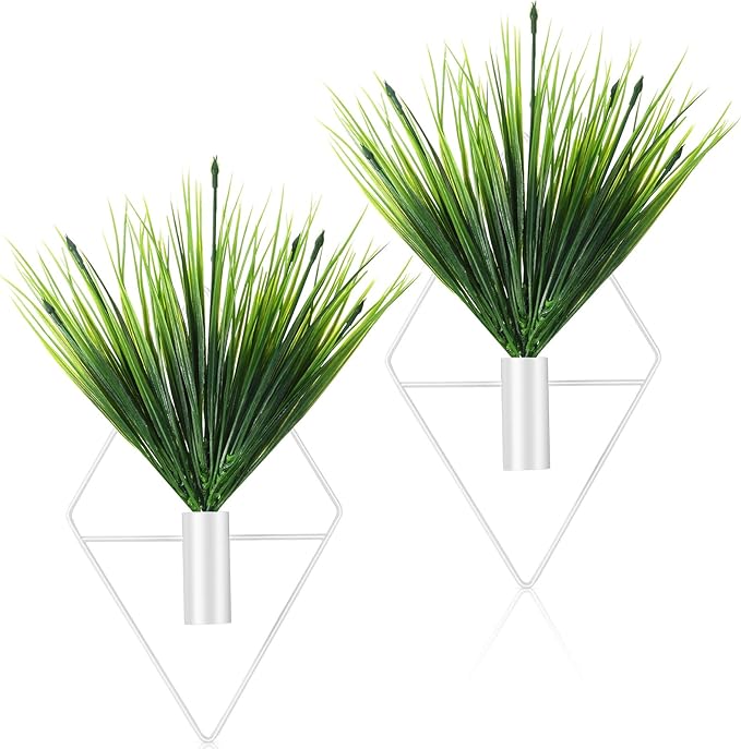 2 Pieces Wall Decor Hanging Planters with Artificial Plants Metal Hanging Vase Indoor Plants Holder Modern Boho Wall Art for Bathroom Bedroom Living Room Decor(White,Aquatic Plant)