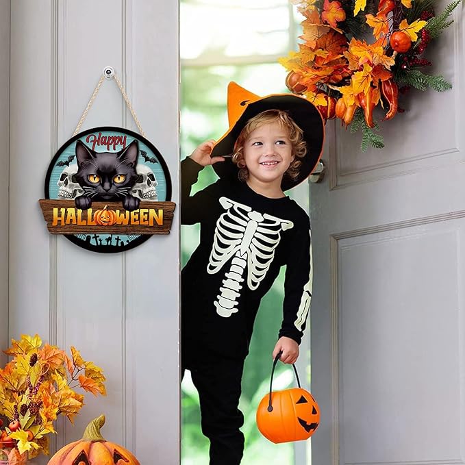 3D Happy Halloween Sign,Halloween Black Cat Door Decor,Black Cats Wall Decor,Skeleton Wall Sign,Tombstone Skull Door Hanger,Ghost Bat Pumpkin Wood Decor for Home Yard Porch Office Party Outdoor