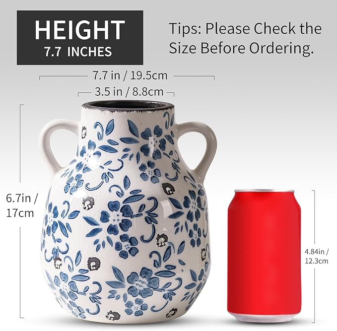 Blue and White Vintage Round Flower Vase with 2 Handles, Chinoiserie Floral Vase, Retro Ice Cracked Ceramic Large Vases for Home Decor, Living Room, Grand Millennial Chinoiserie Decor, 7.7 Inch