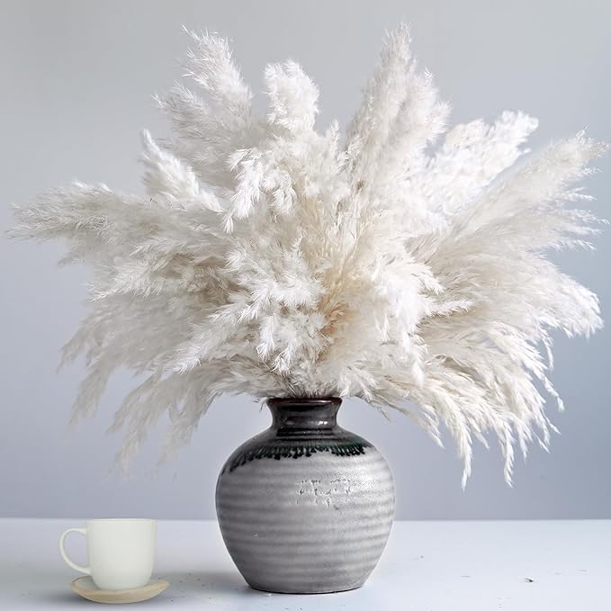 35-inch Tall White Pampas Grass Bouquet Decor - Boho Flowers and Feathers for Centerpieces, Perfect for Tall Floor Vase Fillers, Home Decor, Living Room, and Wedding Decor (20 Pcs)