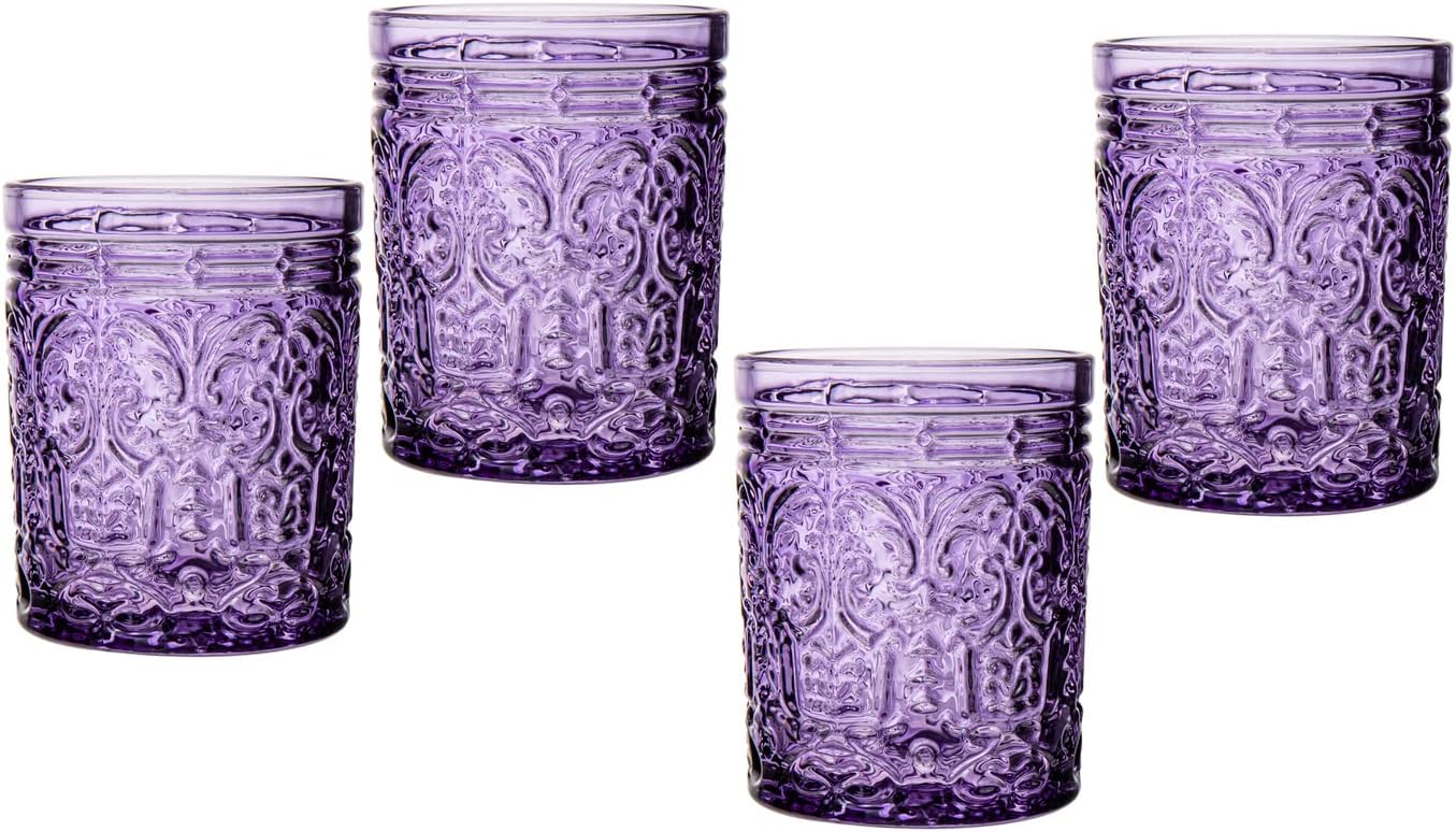 Godinger Old Fashioned Whiskey Glasses, Drinking Glasses, Vintage Decor, Glass Cups, Water Glasses, Cocktail Glasses - Jax Collection, 12oz, Purple, Set of 4