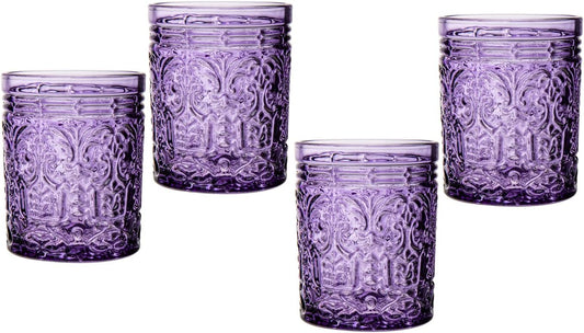 Godinger Old Fashioned Whiskey Glasses, Drinking Glasses, Vintage Decor, Glass Cups, Water Glasses, Cocktail Glasses - Jax Collection, 12oz, Purple, Set of 4