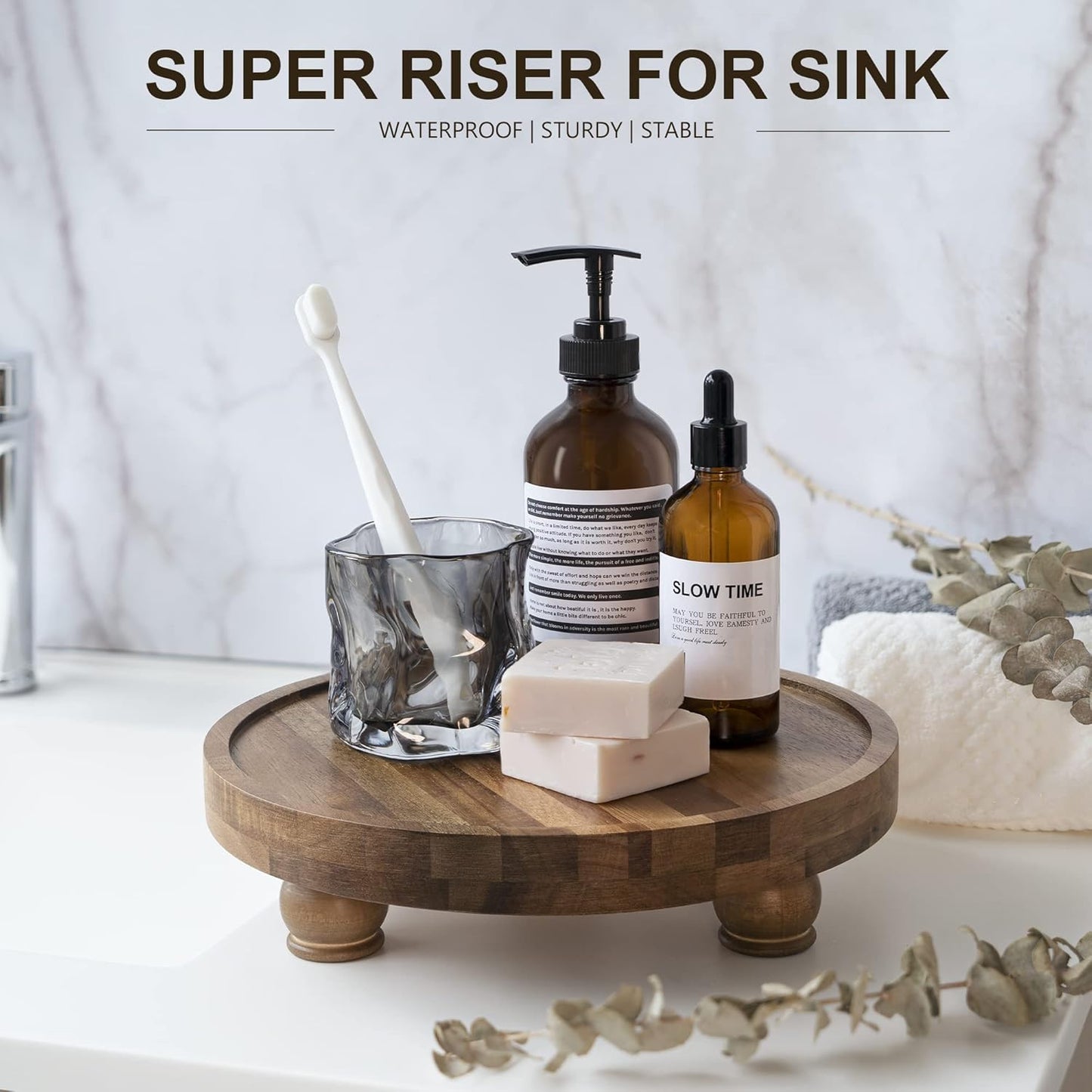 EOSAHR Wooden Riser for Display : Farmhouse Pedestal Stand for Your Kitchen Counter & Home Decor - Chic Round Waterproof Bathroom Trays for Soap, Plants, Jewelry, Perfume (Acacia Wood)