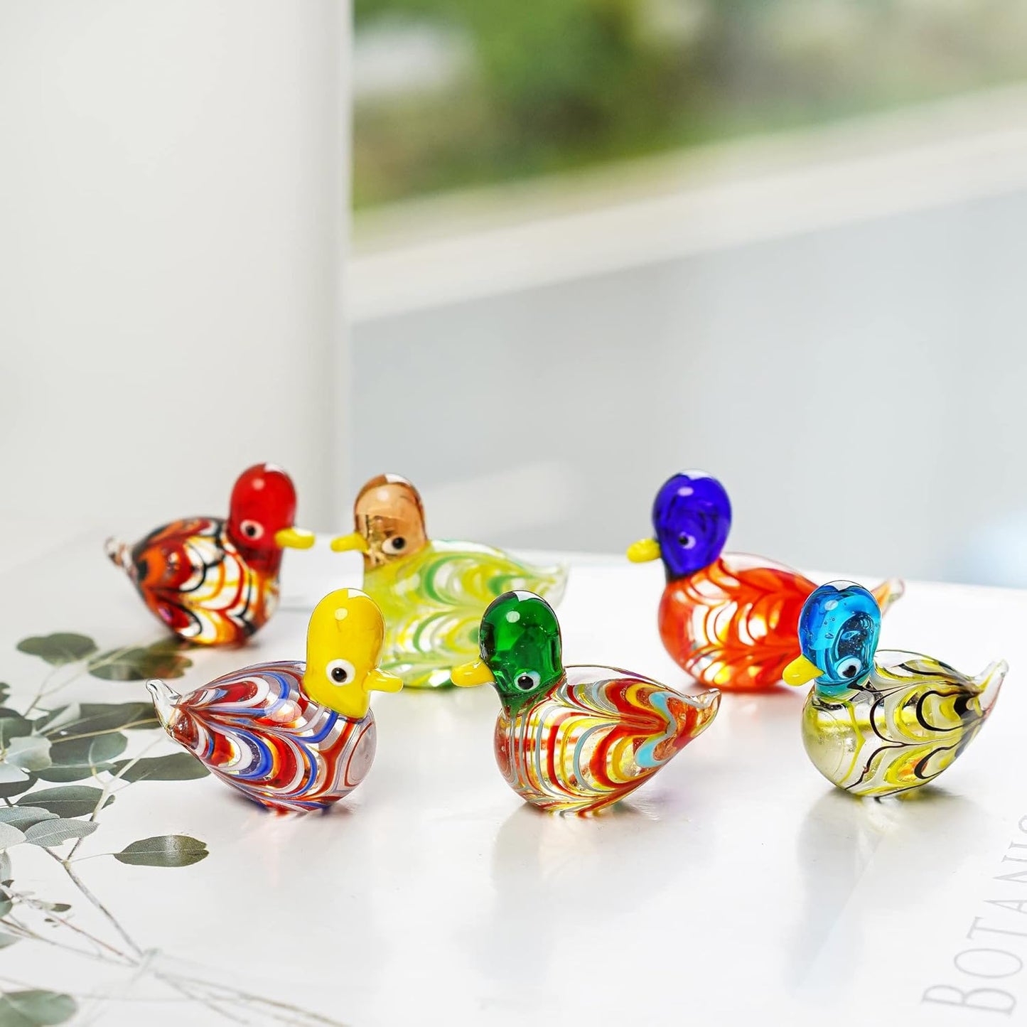 HDCRYSTALGIFTS 6pcs Mini Blown Glass Mandarin Ducks Figurines Collectible Art Glass Animal Miniature Figurines Showpiece Ornament (Colorful)