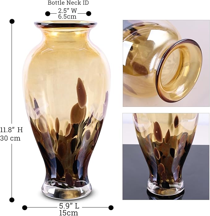 11.8" Tall Blown Amber Gold Glass Vase, Amber Opaque Glass Vase, Unique Design Wide Mouth Art Decoration for Home, Living Room, Dining Table, Pampas Grass Decor (Amber Gold)