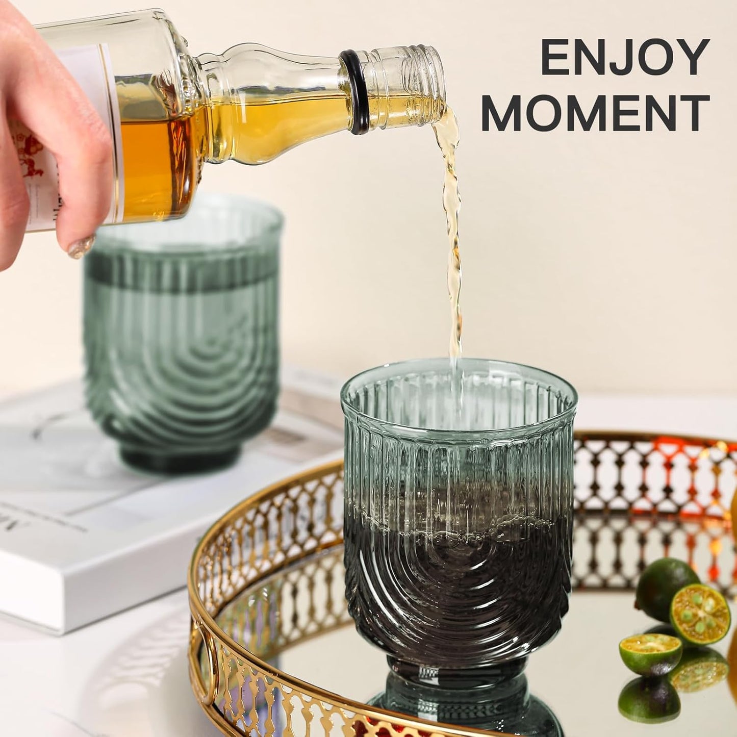 Green Vintage Glassware Set of 6-14Oz Green Water Drinking Glass, Art Deco Ripple Highball Glass, Whiskey Cocktail Glasses, for Bar Beverages Ice Coffee Juice, Housewarming Gifts