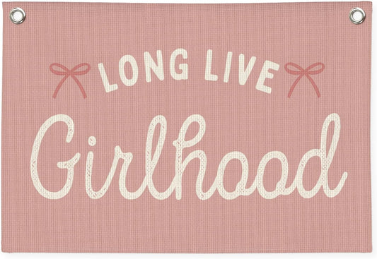 Girls Nursery Decor,Long Live Girlhood Linen Canvas Banner,Boho Girls Room Decor – Coquette Pink Bow Wall Hanging for Nursery Bedroom 30x20 Inch