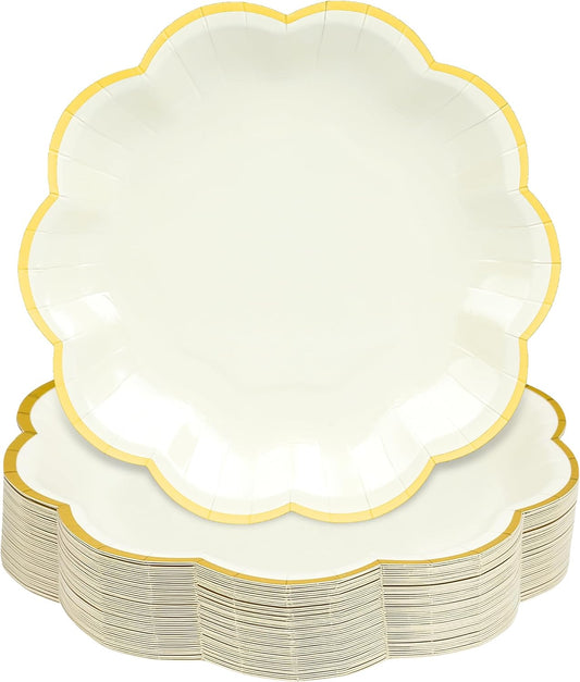 Beige Party Plates Cream Dessert Paper Plates 7inch Gold Foil Scalloped Edge Disposable Cake Plates for Tea Party Birthday Bridal Baby Shower Wedding Party Supplies (48, Beige)