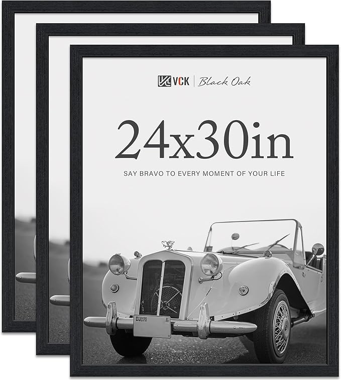 VCK 24x30 Poster Frame Black Oak - 3 Pack, Exclusive Natural Textured Solid Wood Picture Frame, Horizontal and Vertical Formats for Wall with Included Hanging Hardware