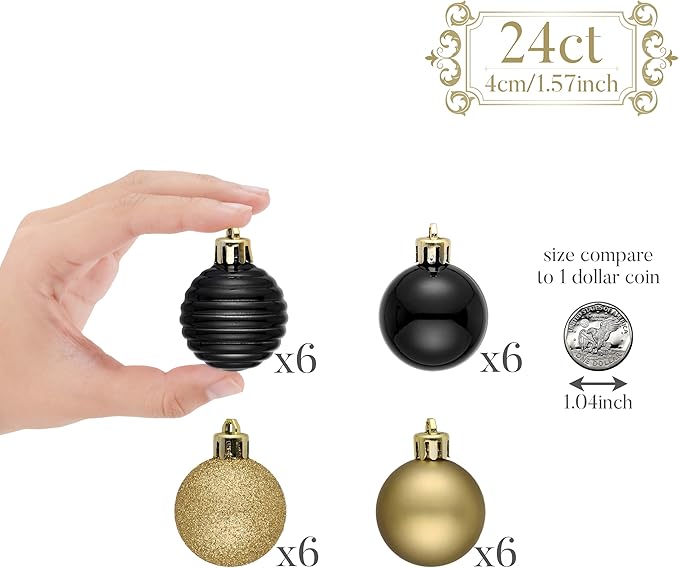 Valery Madelyn 1.57 Inches Small Christmas Tree Decorations Ornament Set for Fall Halloween, 24ct Black and Gold Shatterproof Hanging Ball Ornaments Holiday Party Decor