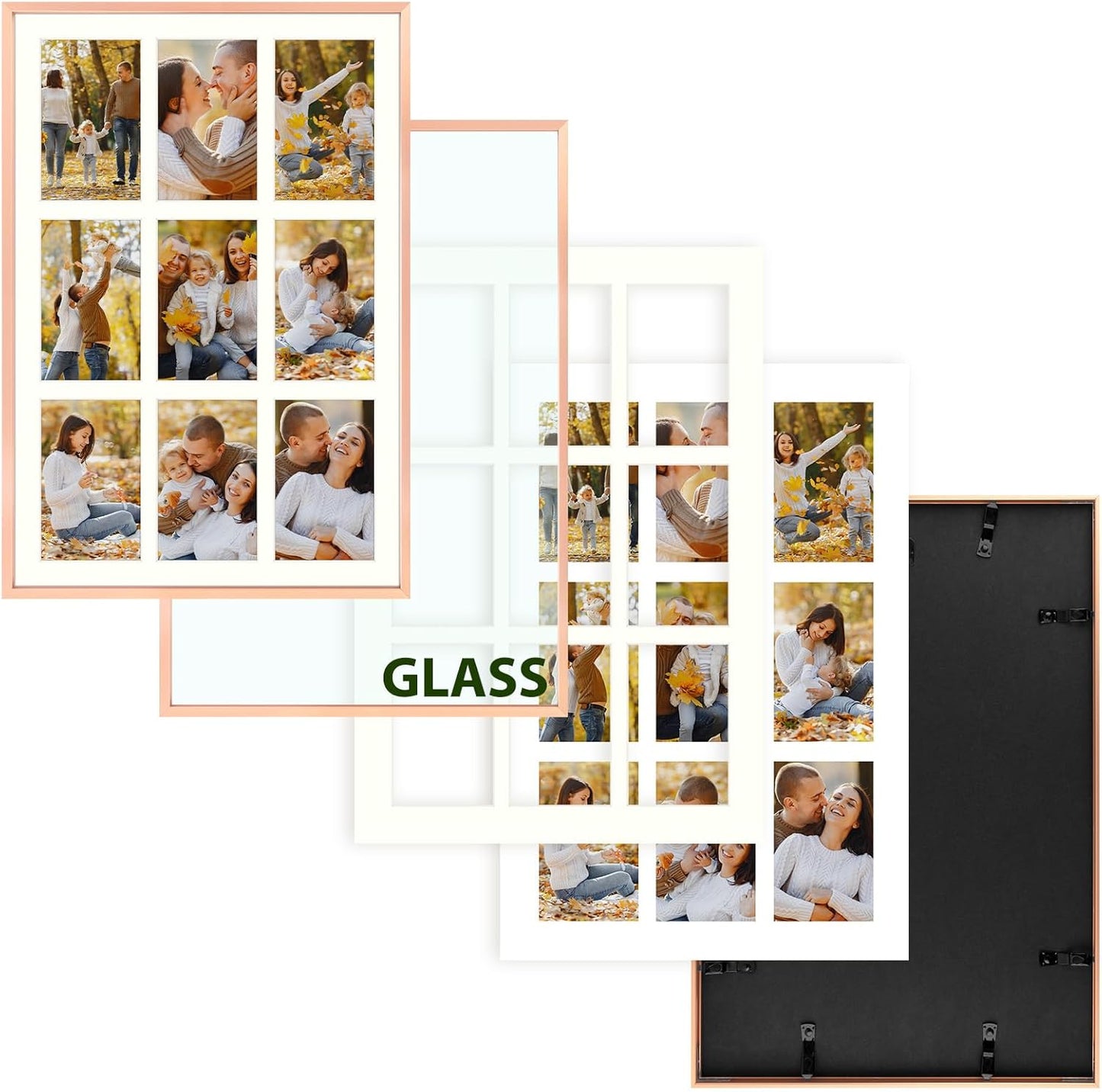 Frametory - 13.6x19.7 Aluminum Collage Picture Frame - Display 4x6 Pictures with 9 Openings Mat - Real Glass Front - Horizontal/Vertical Wall Mount - Rose Gold 1 Pack