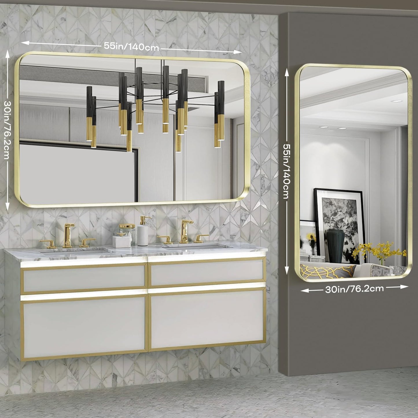 Gold Metal Framed Bathroom Mirror for Wall, Large Brushed Gold Rounded Corner Rectangular Bathroom Vanity Mirror, Anti-Rust, Tempered Glass, Hangs Horizontally or Vertically (30" x 55", Gold)