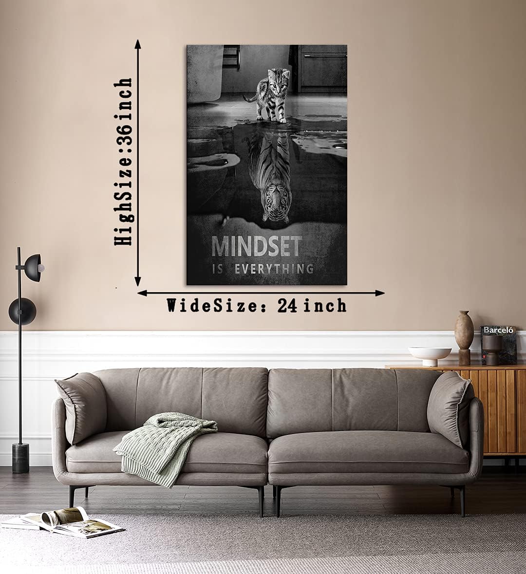 Inspirational Wall Art Pictures Big Tiger and Small Cat Canvas Painting Mindset is Everything Motivational Print and Poster Artwork Home Decor for Bar Study Room Office Framed Easy to Hang-24¡±Wx36¡±H