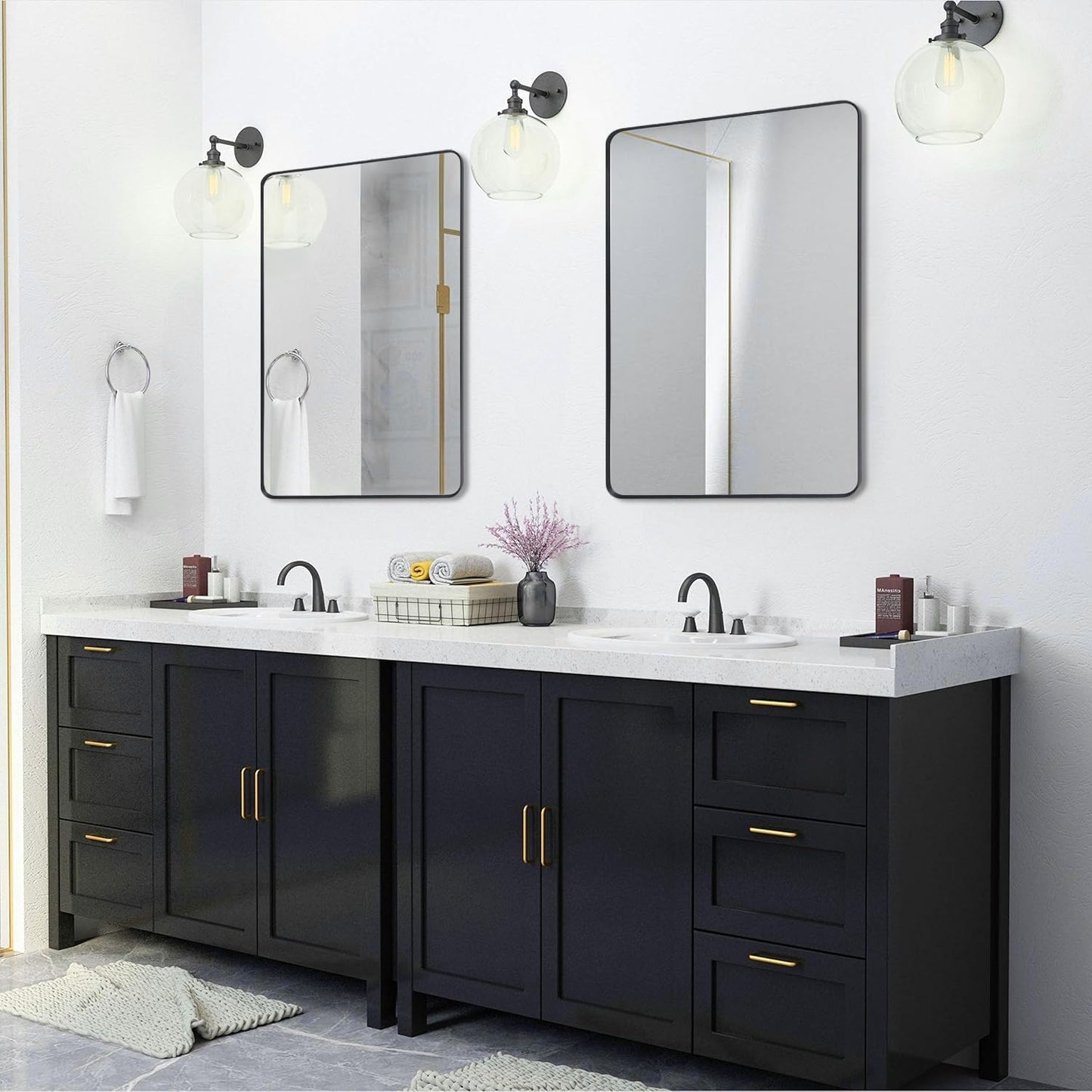 Black Metal Framed Bathroom Mirror for Wall, Large Brushed Matte Black Rounded Corner Rectangular Bathroom Vanity Mirror, Anti-Rust, Tempered Glass (28" x 36", Black)
