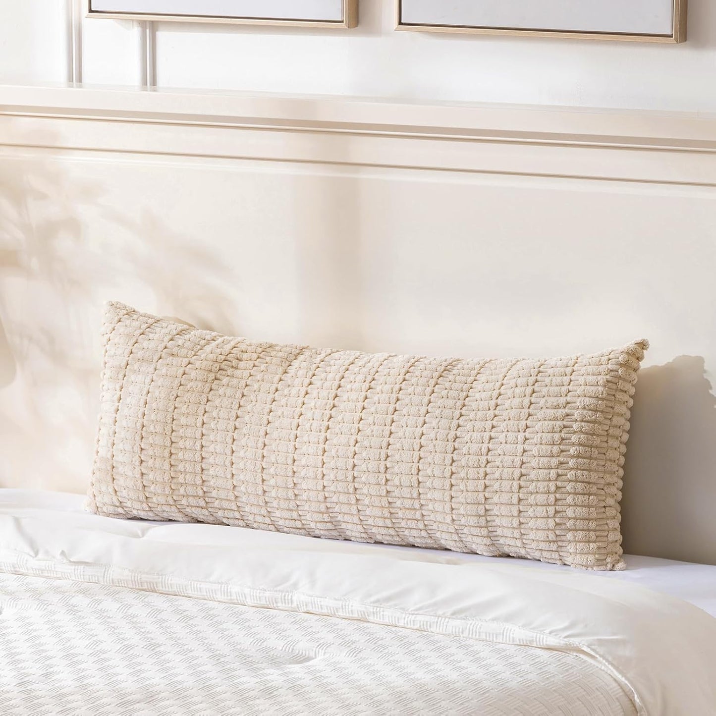 Fancy Homi Tan Long Body Lumbar Decorative Throw Pillow Cover 14x36 Inch for Bed Couch Bedroom Bench, Soft Corduroy Rectangle Solid Pillow Case 35x91 cm, Beige Rustic Farmhouse Boho Room Decor