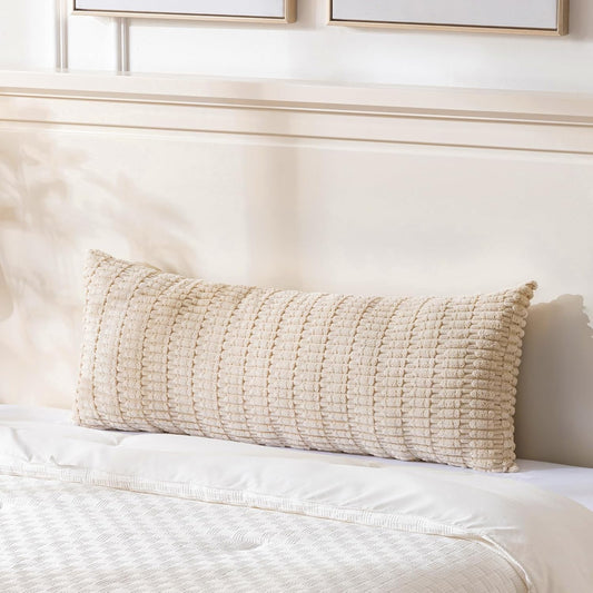Fancy Homi Tan Long Body Lumbar Decorative Throw Pillow Cover 20x54 Inch for Bed Couch Bedroom Bench, Soft Corduroy Rectangle Solid Pillow Case 50x137 cm, Beige Rustic Farmhouse Boho Room Decor