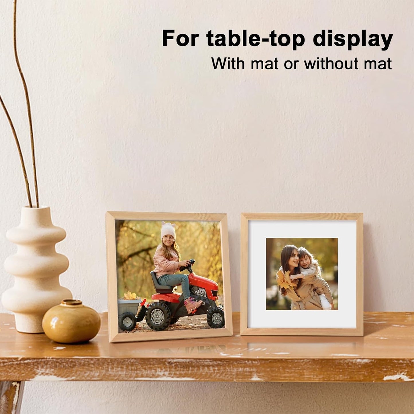KINLINK 9x9 Picture Frame, Natural Square Solid Wood Frames for Pictures 6x6 with Mat or 9x9 without Mat, Wall and Tabletop Display Photo Frames Natural Wood 4 Pack