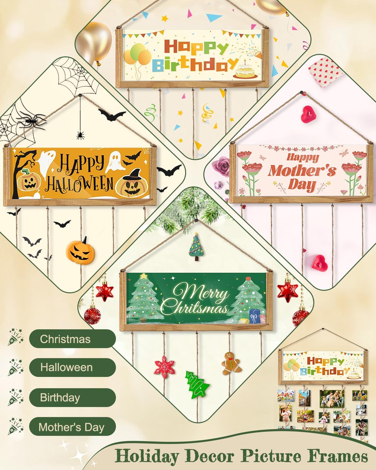 Bikoney Rustic Picture Frames Collage Wall Decor - Happy Birthday Banner Photo Hanging Display for Dorm Room Home with Gift Card Storage and 30 Clips