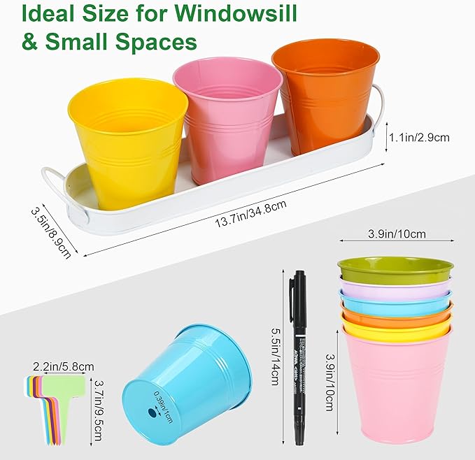 Herb Garden Planter Indoor Kit – 6 Metal Pots with 2 Trays for Windowsill & Kitchen Counter – Modern Decorative Indoor Planters for Herbs, Succulents & Small Plants