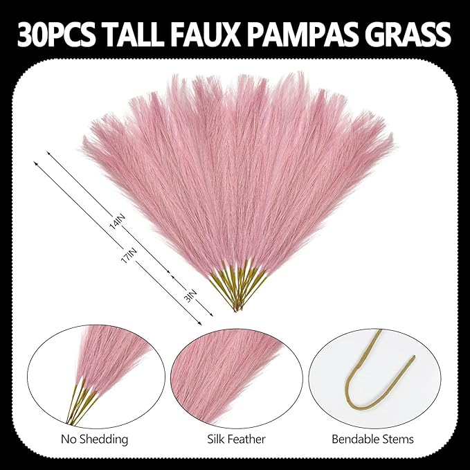 30 Pcs Deep Pink Faux Pampas Grass, 17 Inches Artificial Pampas Grass Bulk, Short Fluffy Faux Pompas for Vase Filler, Home Boho, Wedding Anniversaries, Baby Shower Decoration
