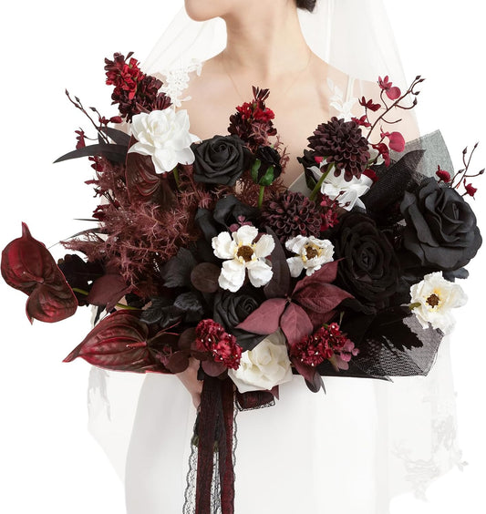 Ling's moment Black and Burgundy Wedding Bouquets for Bride, Gothic Bridal Bouquets for Bride, 15 Inch Free Form Artificial Wedding Flower Bouquet
