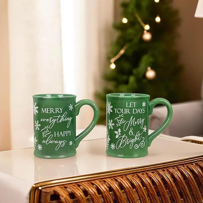 Young's Inc Christmas Coffee Mugs Set of 2, Ceramic Holiday Woodland Lodge Christmas Mug Set with Wood Lid, Coaster Set, Hot Chocolate Mugs for Drinking Coffee