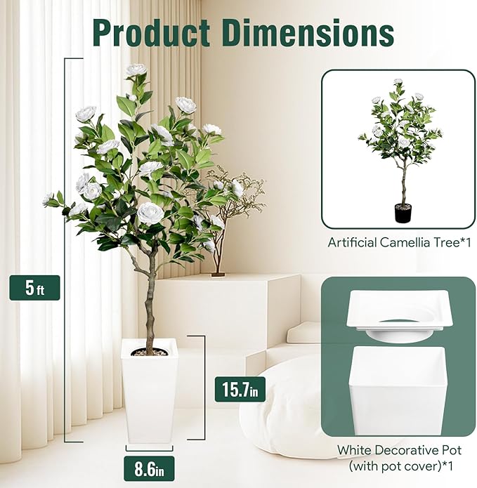 5Ft Artificial Camellia Tree in White Pot, White Faux Plant Indoor Outdoor (61"), Tall Flower Plant for Porch & Living Room Office Decor