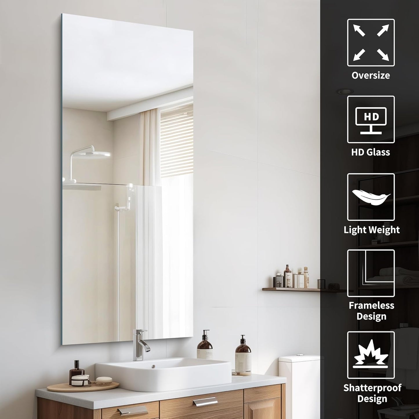 Frameless Mirror, 24x60 Inch Large Bathroom Mirrors for Wall, Upgraded Shatterproof Rectangle Vanity Mirror Over Sink with Polished Edge for Bathroom,Bedroom,Living Room and Entryway