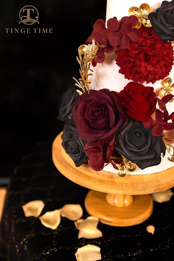 TINGE TIME Rose Artificial Flowers Combo, Gradient Color Faux Foam Roses with Stems for DIY Wedding Bridal Shower Party Table Centerpieces Fake Floral Arrangement Home Decor (Gothic Black & Red)