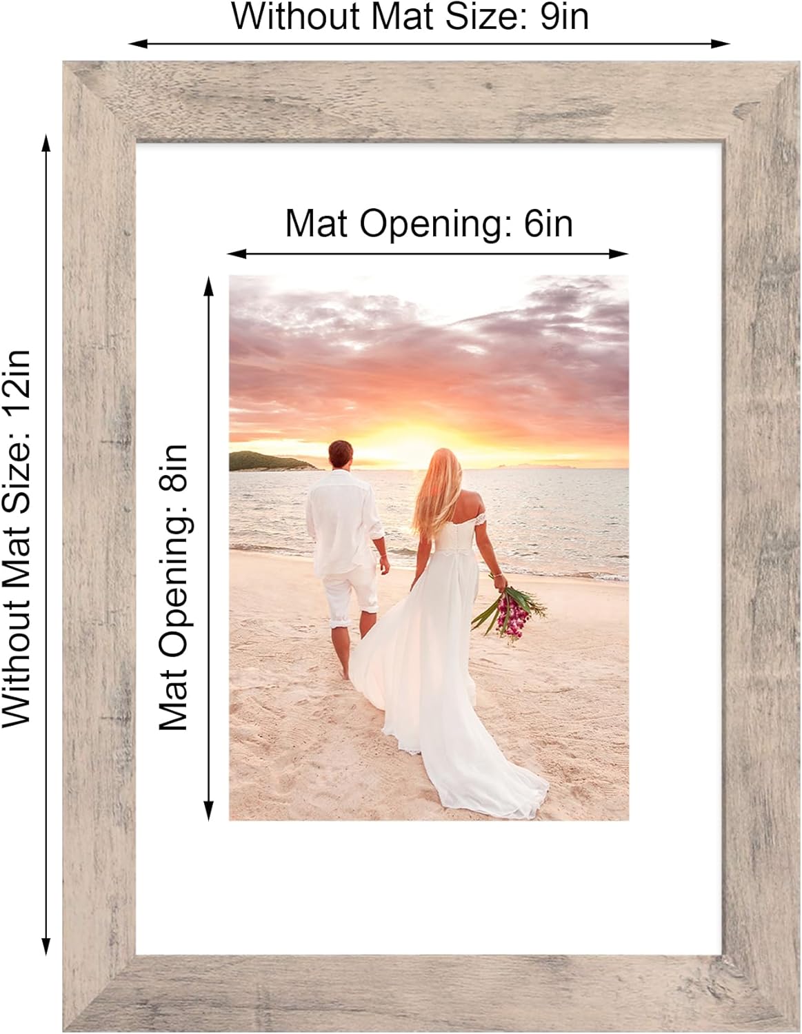 iRahmen 9x12 Picture Frame Set of 4 with Tempered Glass, Smoke Gray Frame Display 6x8 Pictures with Mat or 9 x 12 Without Mat, Rustic Wodd Photo Frames for Wall Mount and Tabletop Display