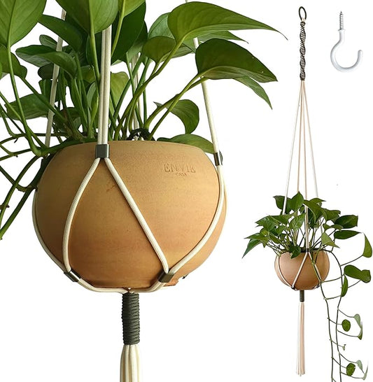 Macrame Plant Hanger Polyester Rope 42 Inch Outdoor Indoor Adjustable Hanging Planter for up to 10 Inch Plant Pot Modern Boho Home Decor (Ivory/Forest Green)