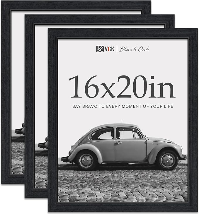 VCK 16x20 Picture Frames for Wall - Black Oak 3 Pack, Natural Wood Grain Solid Wood Poster Frame