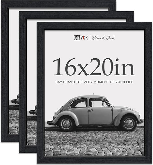 VCK 16x20 Picture Frames for Wall - Black Oak 3 Pack, Natural Wood Grain Solid Wood Poster Frame