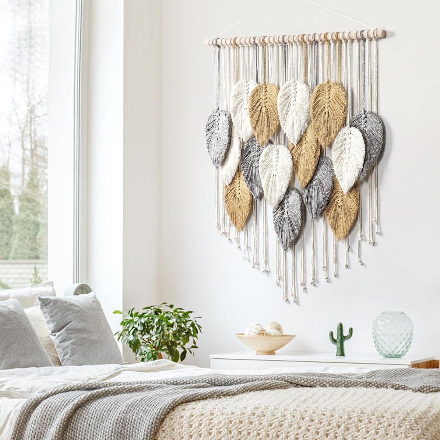 LOMOHOO Macrame Wall Hanging Leaves Boho Wall Decor Bohemian Handmade Woven Wall Art Decoration for Bedroom Living Room Apartment Dorm Gallery Perfect Handmade Gift Ideas 23.6" W x 30.7" L