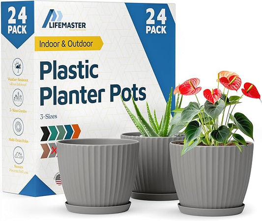 Gray 6-Inch Plant Pots with Drainage & Saucers 24 Pack, Indoor & Outdoor Planters for Houseplants, Herbs, and Flowers, Durable & Weatherproof Material, Stackable, Lightweight, Minimalist Design