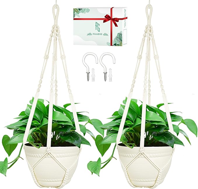FGSAEOR Macrame Plant Holder Indoor Outdoor, Hanging 3-15 inch Pot, Bearing 20lb Planters, DIY Handmade Hanging Planter Basket Holder, 35-Inch Extra Long Strong Boho Home Décor (2-Pack) (Ivory)