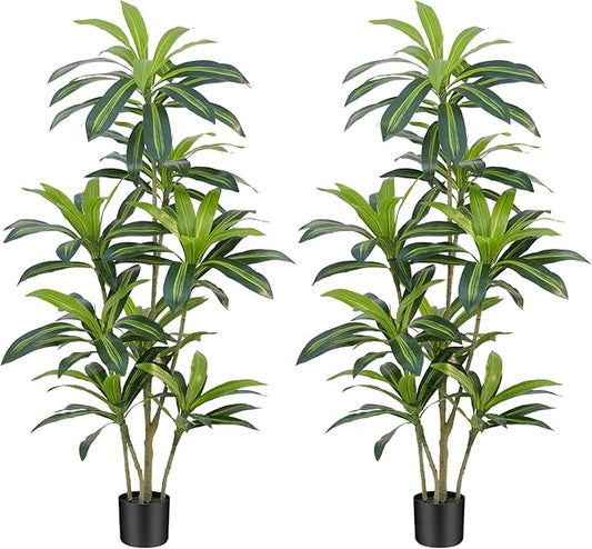 5Ft Dracaena Plant Artificial Tree Fake Tropical Floor Plants Potted (Real Touch) Artificial Silk Tree Leaf Faux Trees Black Tall Planter for Home Office Living Room Indoor Outdoor Decor（2Pack）