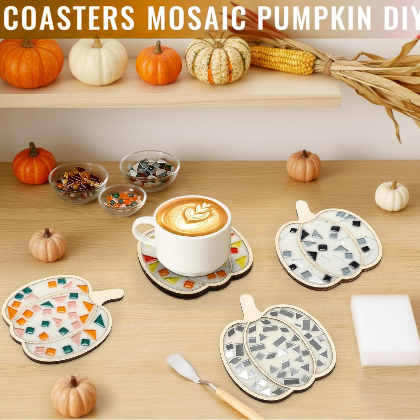 Honeydak 6 Sets DIY Glass Mosaic Tiles with 6 Wooden Coasters Making Mosaic Crafts Material Package Mixed Stained Glass for Handmade Colorful Home Decor Gift Indoor(Pumpkin,Warm Color)