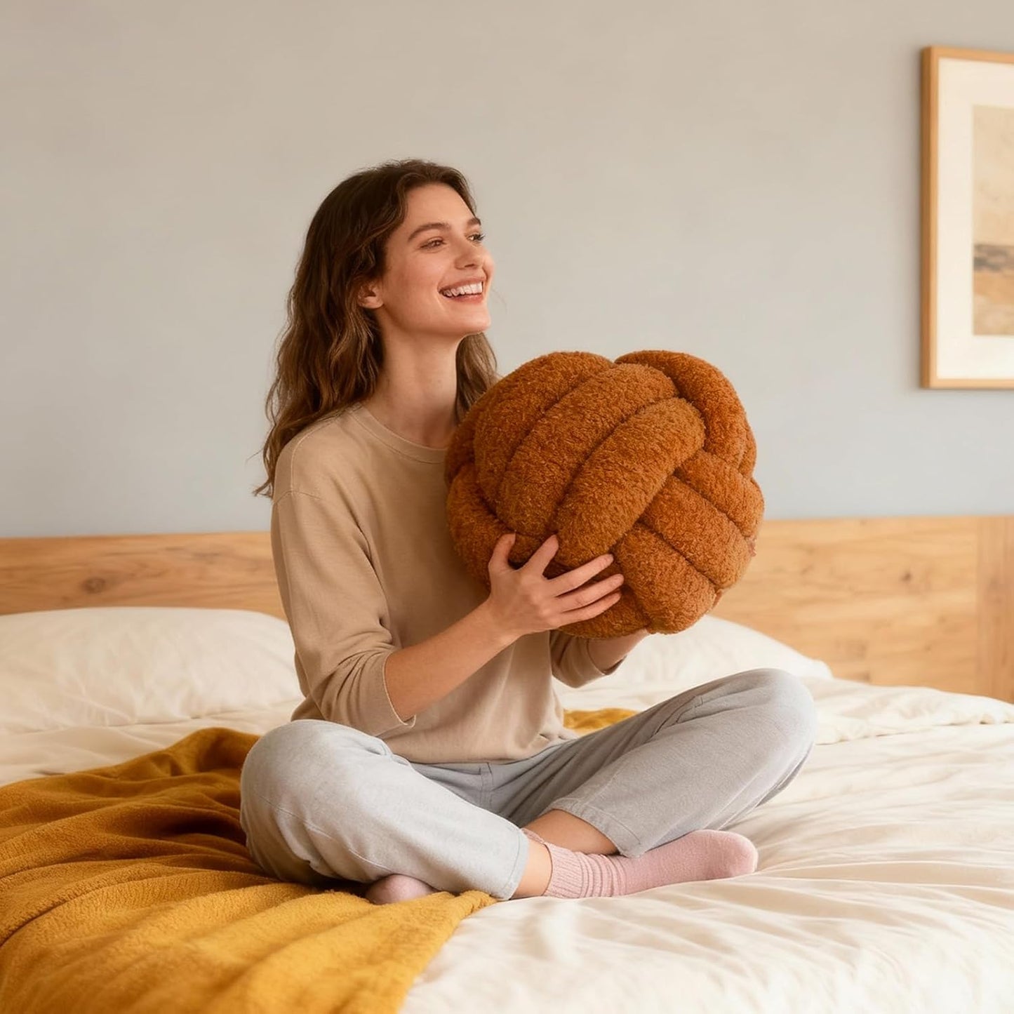 Knot Pillow Ball Plush - Decorative Throw Pillows for Bed Relieve Stress, Round Knot Cushion for Sofa Decor Pet Toy, Brown 12 inch