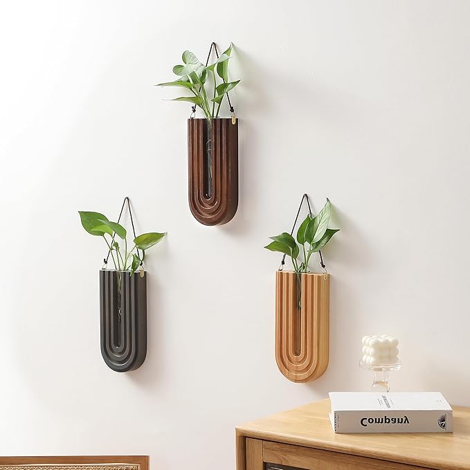 Wood Wall Planter Indoor, Propagation Station, Wooden Hanging Vase for Dried Flowers, Plant Holder, Boho Wall Décor for Living Room Rainbow U Shape (Set of 3)
