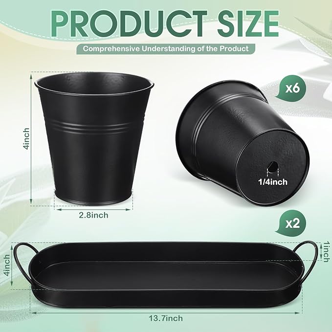 Hicarer 2 Sets Herb Planter with Tray Metal Herb Garden Planter with Drainage Farmhouse Windowsill Pots for Indoor Plants Flower Succulent Outdoor Kitchen Apartment Balcony Window (Black)