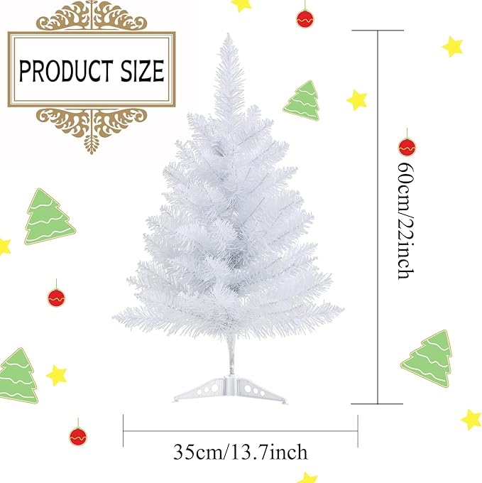 2FT Artificial Christmas Tree White Tabletop Christmas Tree with Plastic Stand Mini Xmas Pine Tree for Party Supplies Indoor Outdoor Holiday Home Decoration(White)