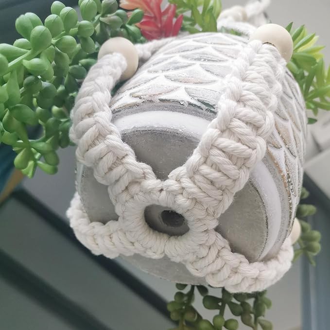 Macrame Plant Hanger 35", No Tassel Hanging Plant Holder, Sturdy Flower Pot Holder with 2 Hooks - Ivory