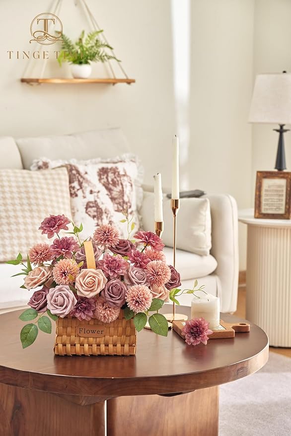 TINGE TIME Dusty Pink Flowers, Dusty Rose Fake Flower Leaf with Stems for DIY Wedding Bouquets Table Centerpieces Baby Shower Home Party Floral Arrangements Decorations