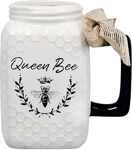 Young's Inc Ceramic Coffee Mug, Bee Print Mason Jar Cups for Tea, Coffee, Cold Drinks, Gift for coffee Lovers, Birthday, Microwave-Safe Dishwasher Safe Kitchen Decor